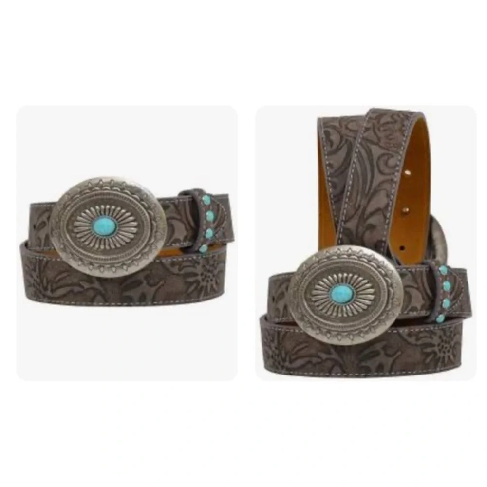 Angel Ranch Brown leather Distressed embossed Floral Turquoise Studs Belt